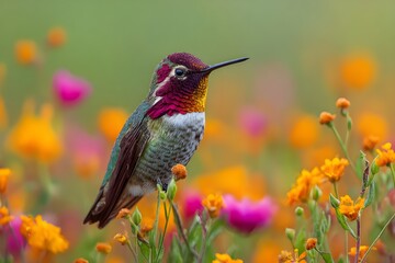 Fototapeta premium Enthralled Hummingbird with Bright Eyes in Flowing Garden Nature Wildlife Vibrant Colorful Bird Photography