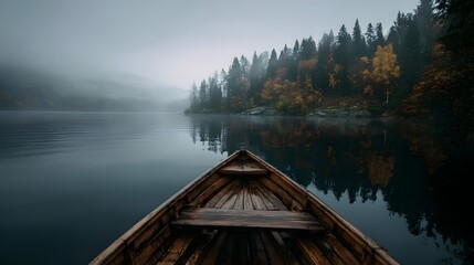 Serene Foggy Autumn View From Rowboat On Misty Water Peaceful Morning Lake Scene