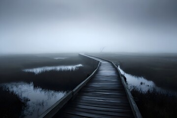 Naklejka premium Marshland Boardwalk Foggy Dawn Atmospheric Photo Serene Wetland Nature Landscape Misty Morning Scenic Path