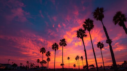 Vibrant california sunset paints the sky with fiery orange and deep purple hues over a silhouetted palm tree lined coast