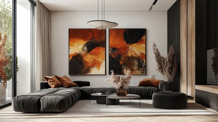 Art-inspired modern living room with black sculptural details, warm-toned abstract paintings, and layered neutral textiles.