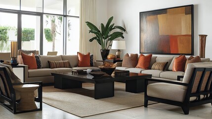 Art-inspired modern living room with black sculptural details, warm-toned abstract paintings, and layered neutral textiles.