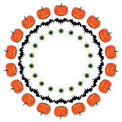 Halloween circular design featuring orange pumpkins, black bats, and green eyeballs arranged in a spooky wreath pattern on a white background.