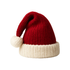 Realistic cozy knitted red Santa hat with a white pompom on transparent background. Christmas png file for holiday greeting designs
