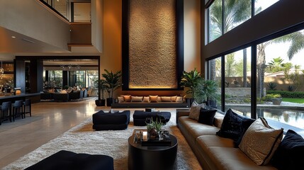 Designer living room blending modern black sculptural decor with plush neutral textures and oversized abstract wall art.