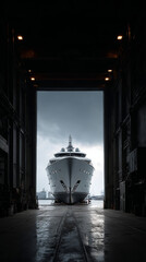 Luxury yacht docked in shipyard hangar framed by industrial doorway under moody sky, dramatic reflective floor and symmetrical composition