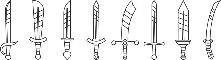 Set Of Different Style Swords Line Style. Set Of Different Style Swords Line Style. A collection of four stylised black and white line art illustrations of different swords and a dagger presented.