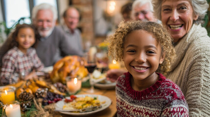 Fototapeta premium Smiling child at family holiday dinner with grandparent, festive table with roasted turkey, candles and autumn decorations, warm joyful atmosphere