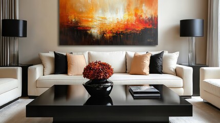 Sophisticated interior design showcasing sculptural black coffee table, cream sofas, and warm-toned abstract art on clean neutral walls.