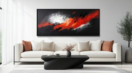 Sophisticated interior design showcasing sculptural black coffee table, cream sofas, and warm-toned abstract art on clean neutral walls.