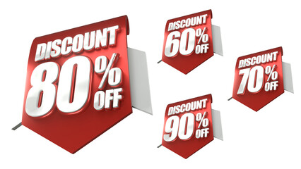 3D Package Red Discount Labels 60 70 80 90 Percent Off with Transparent Background	
