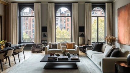 Trendy modern living room with dramatic black decor elements, calming neutral textiles, and expressive warm abstract wall art .
