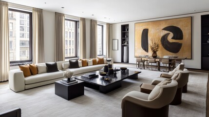 Trendy modern living room with dramatic black decor elements, calming neutral textiles, and expressive warm abstract wall art .