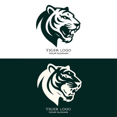 A powerful tiger head logo design presented in both positive and negative color variations for branding.