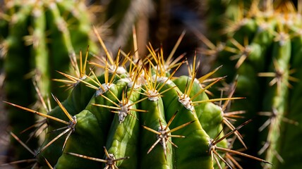 Close up of a vibrant green cactus with sharp golden spines showcasing its textured surface and arid desert plant beauty