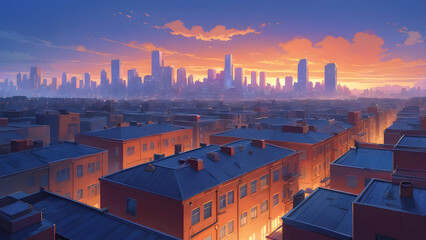 A Moment of Peace as Day Ends Detailed View of a School Rooftop Against a Dramatic Orange Sky