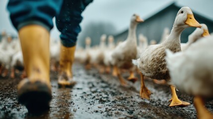 A worker wearing waterproof boots carefully inspects water quality or aquatic health in a natural or industrial setting.