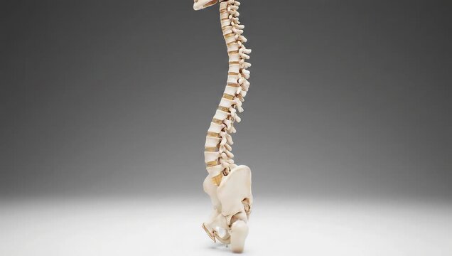 Detailed anatomical model of a human spinal column showing the lateral S-shaped curvature of scoliosis for medical study