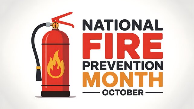 Bright red fire extinguisher next to bold text announcing national fire prevention month in october with a flame graphic - Powered by Adobe
