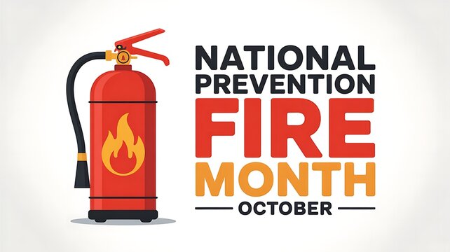 Celebrate national fire prevention month in october with a bright red fire extinguisher and bold text promoting safety awareness
