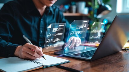 Person working on laptop with glowing holographic data displays representing digital information and technology concepts