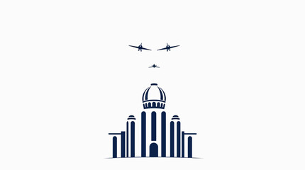 Stylized illustration of a building with jets flying overhead in a formation.