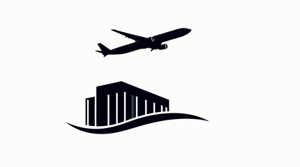 Silhouette of an airplane taking off above a stylized architectural structure.
