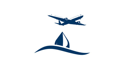 A stylized graphic shows a biplane flying above a sailboat on stylized waves, both rendered in a dark blue hue.