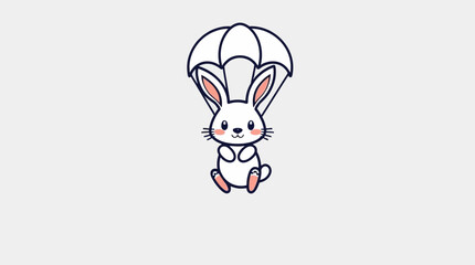 A cute cartoon bunny is floating down with a white parachute, smiling sweetly.