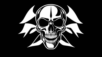 A stylized skull with horns and crossed bones on a black background, rendered in white.