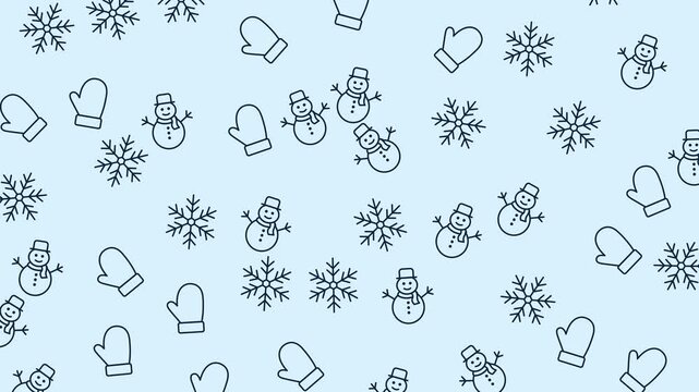 Doodle winter pattern with whimsical snowmen, snowflakes, and mittens on a blue background. Perfect for winterthemed designs and products.