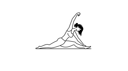 Illustration of a woman in a yoga pose, stretching with one arm raised and legs extended.