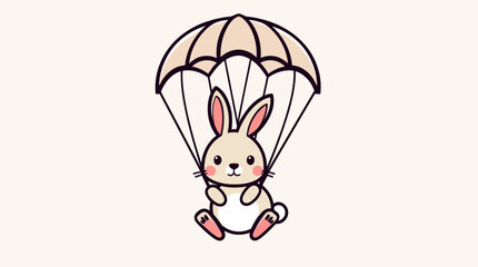 A cute cartoon bunny floats gently downwards attached to a parachute.