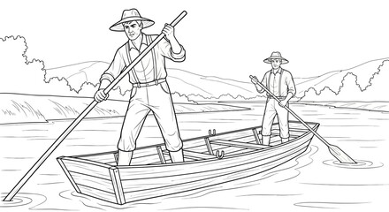 Obraz premium Two men in a rowboat on a river, one using a pole and the other using oars.