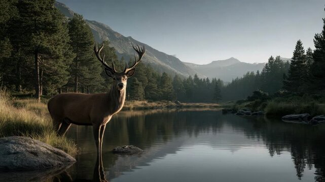 Deer standing in calm lake water near forest and mountain landscape with large antlers under clear sky during early morning light showing peaceful nature wildlife reflection and animal environment