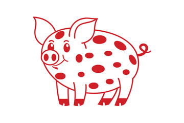 Cartoon outline presents a joyful red spotted pig with a curly tail on white