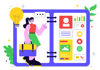 Personal Portfolio Vector Illustration with Profile Information, Resume, and Self Improvement Concept to Attract Clients and Employers in Background