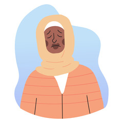 Somber Woman in Peach Striped Sweater With Head Covering Against Abstract Blue Background Portrait Sadness Concept