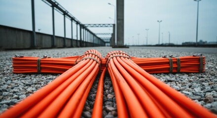 Two bundles of orange cables splay outward on a gravel path, under an overcast sky