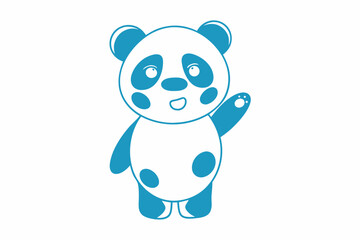 Cartoon panda is waving cheerfully with its paw outlined in blue color