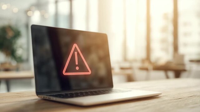 Laptop warning alert error caution on digital screen at office desk with glowing red exclamation symbol, technology error message creating urgent alert and focused atmosphere on wooden table