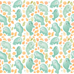 Cute Watercolor Manatee Pattern with Shells and Seaweed