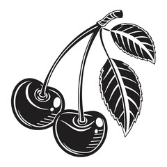 Stylized black and white cherries with leaves on black background