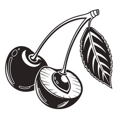 Stylized black and white cherries with leaf