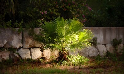 small palm bush with night lighting
