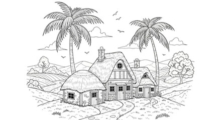 A detailed black and white illustration of a thatched-roof cottage and palm trees.
