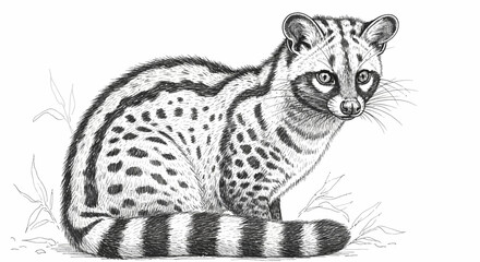 Detailed pencil illustration of a genet cat, showcasing its spotted fur and attentive gaze.
