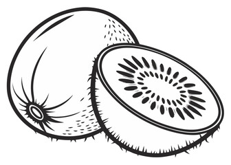 Stylized black and white kiwi fruit illustration