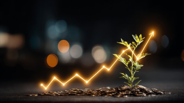 Abstract finance concept, glowing line graph ascending among coins and young green plant symbolizing profit and eco-growth