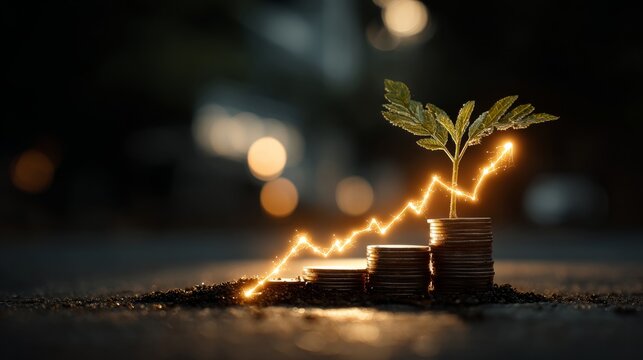 Abstract finance concept, glowing line graph ascending among coins and young green plant symbolizing profit and eco-growth